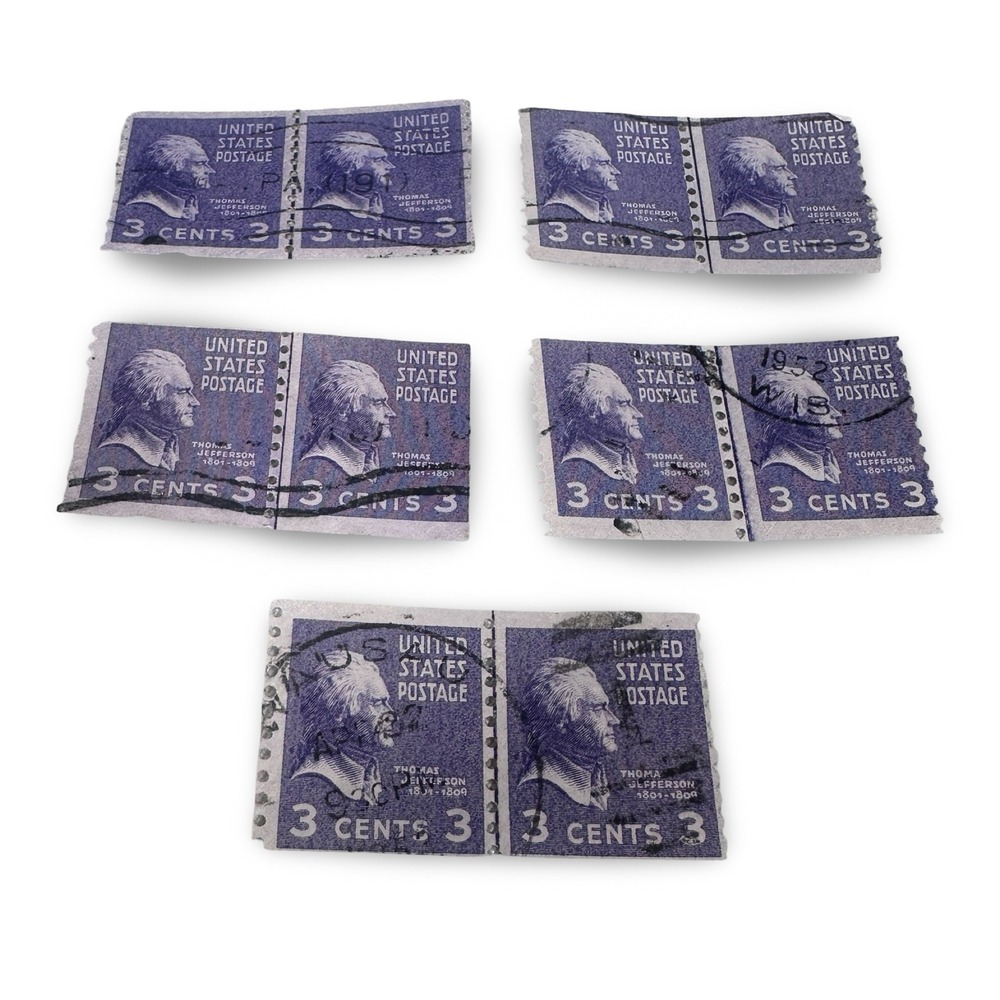 Vintage US Postage 3 Cents Thomas Jefferson Purple Stamps Used Pairs Lot of 10